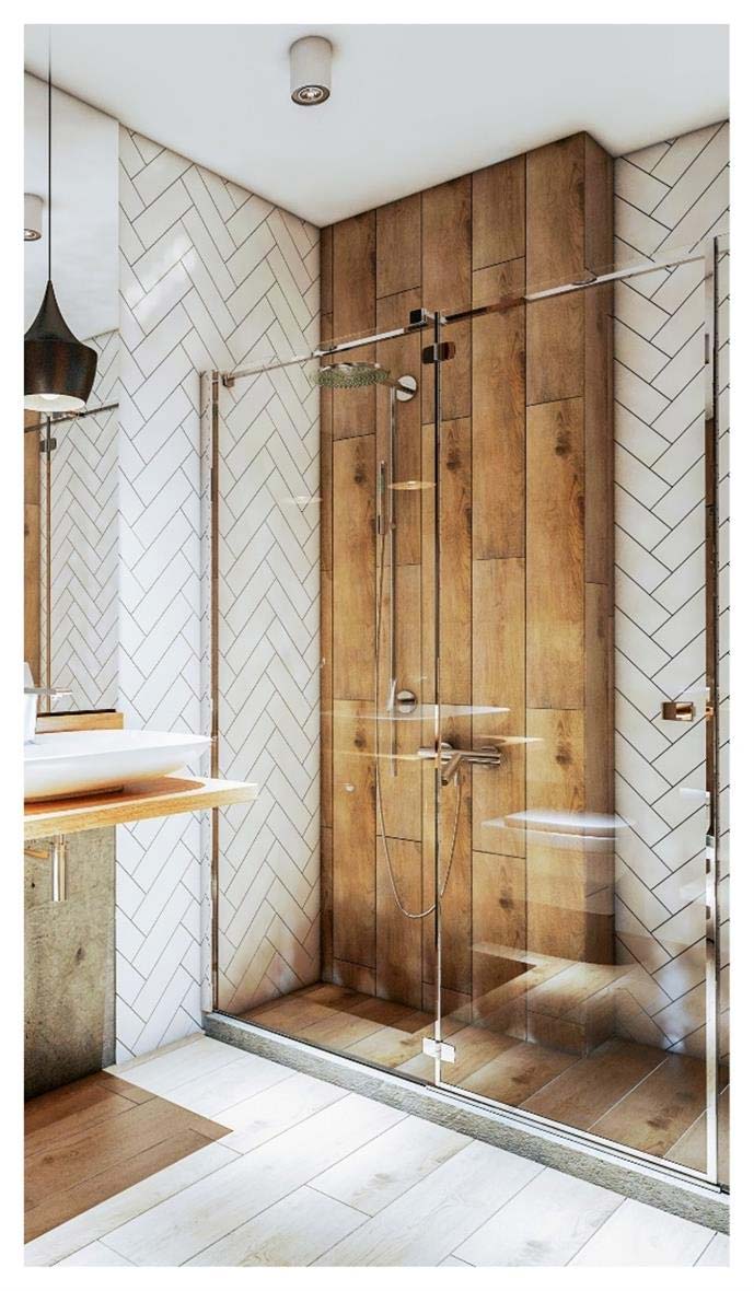 Gorgeous walk in shower with subway tile and wood tile in New Jersey