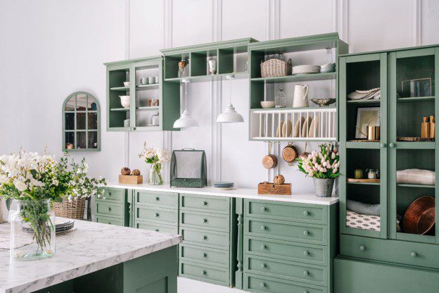 2025 design trends, including open shelving