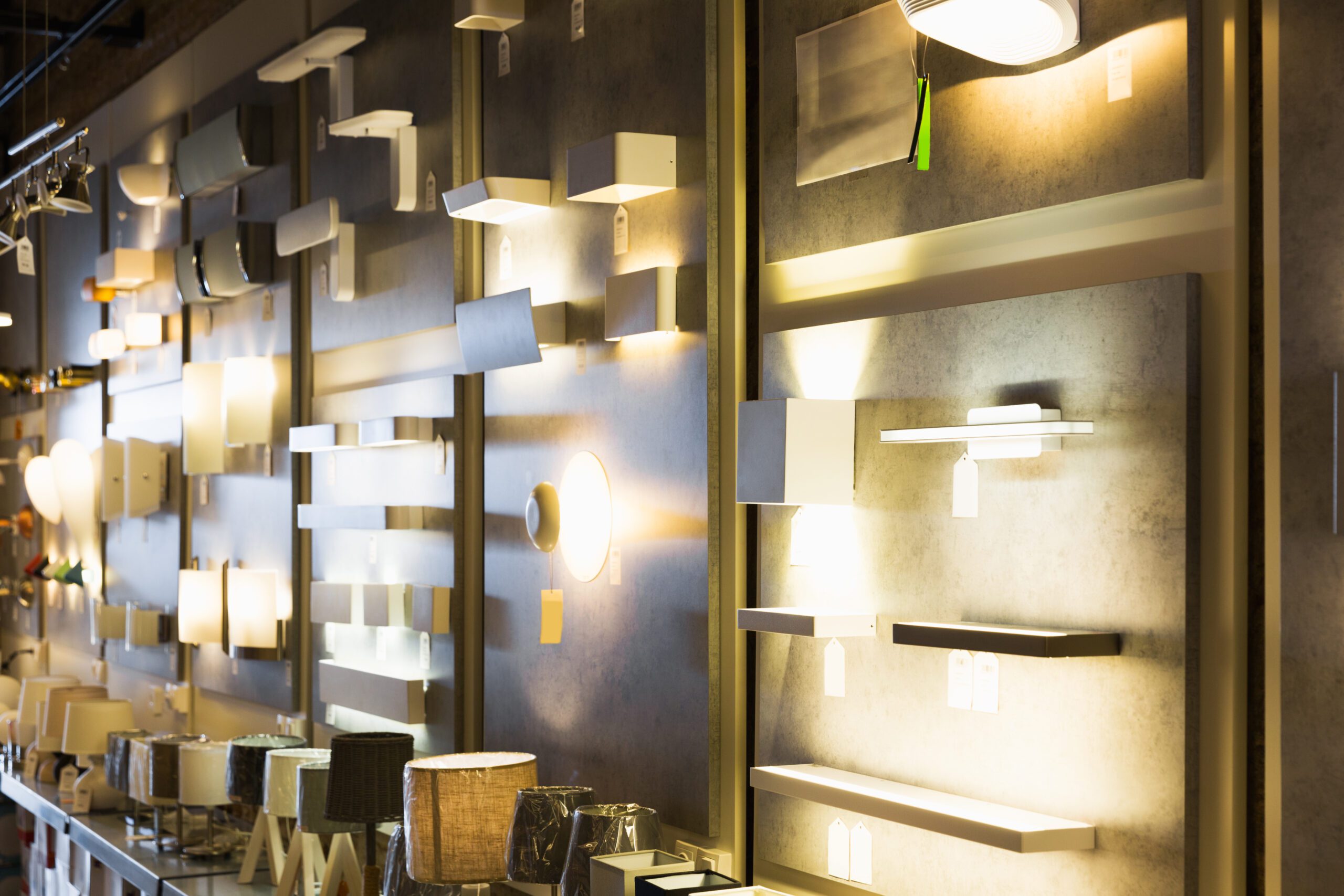 Different light fixtures in a designer furniture store