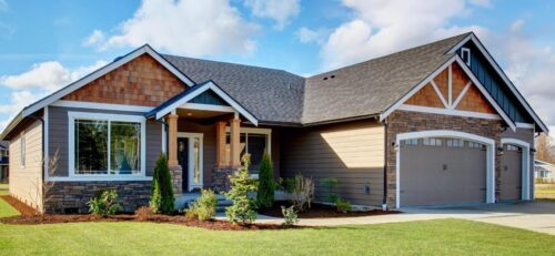 New Custom Home with two-tone siding and large grass yard