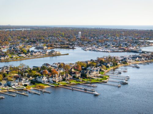 an aerial view of the residential waterfront community in Brick Township, New Jersey